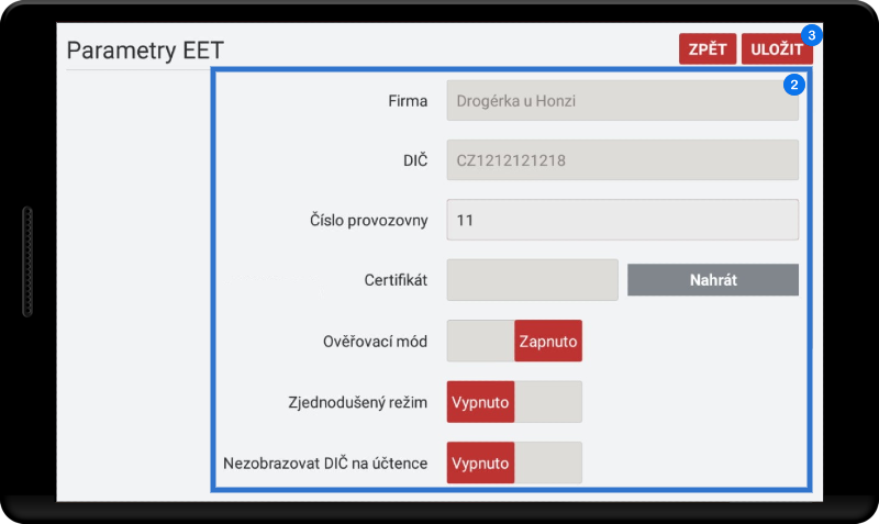 Jak nastavit parametry EET na dotykové pokladně - krok 2