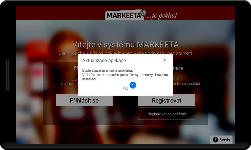 Prvotní přihlášení do dotykové pokladny - krok 1