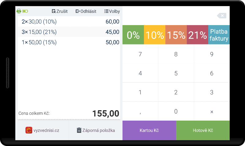 Obrazovka markování - balíček služeb Pokladnička (s DPH)