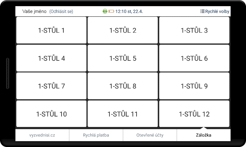 Obrazovka stolů - balíček služeb Standard