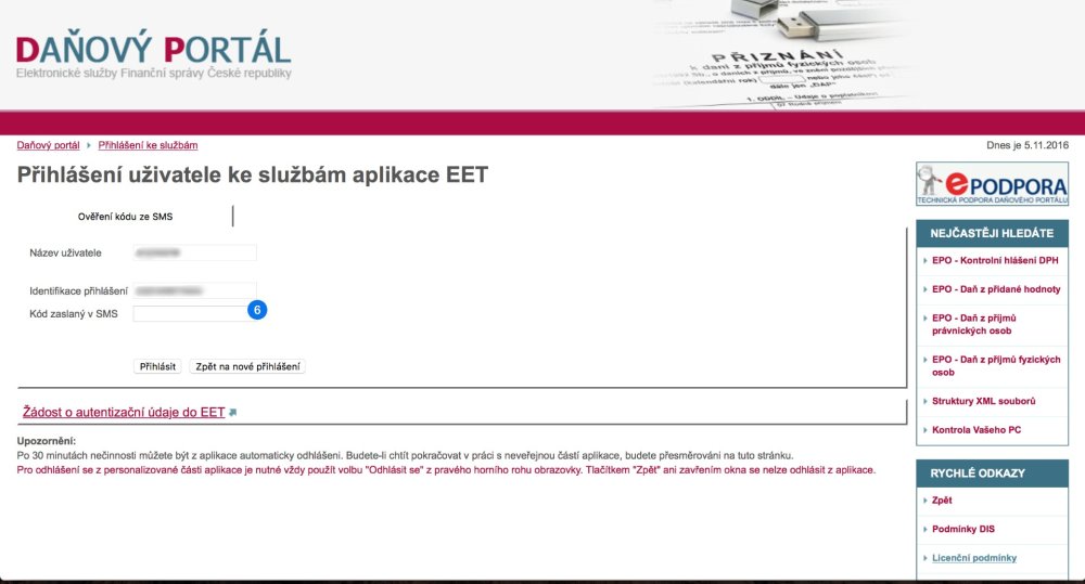 Přihlášení do daňového portálu - zaslání SMS kódu