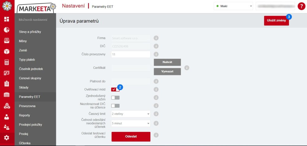 Nastavení - Parametry EET