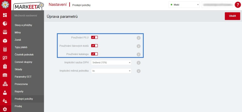 Prodejní položky (Nastavení) - Povolení PLU, EAN a katalogů.
