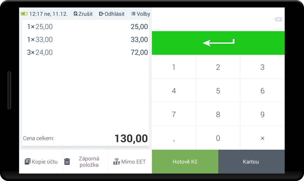 Obrazovka markování - balíček služeb Pokladnička (bez DPH)