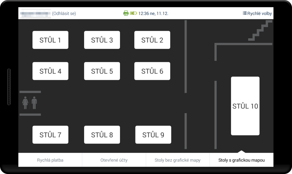 Obrazovka s grafickou mapou stolů - balíček služeb Pro