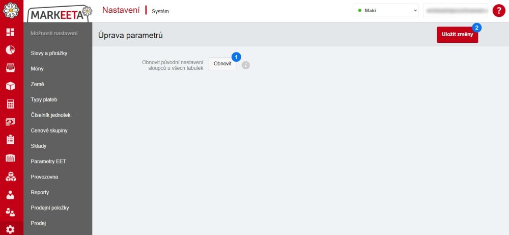 Obnovení původního nastavení sloupců