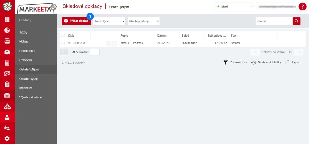 Tvorba dokladu o ostatním příjmu – krok 1