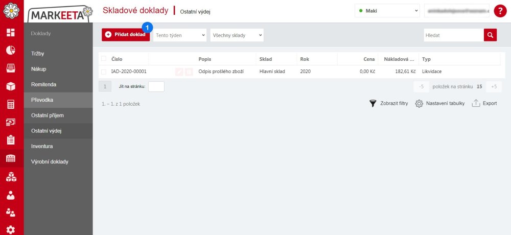 Tvorba dokladu o ostatním výdeji – krok 1