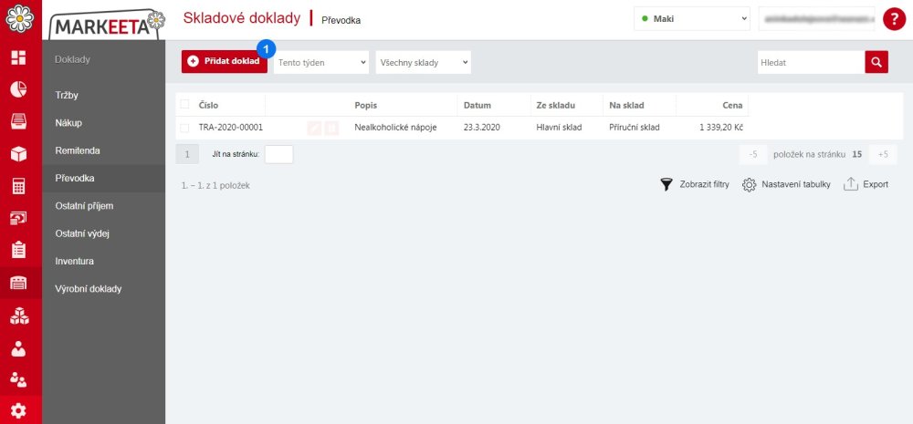 Tvorba skladového dokladu o převodce – krok 1