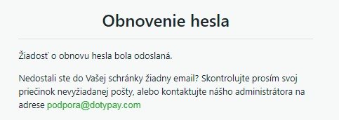 Potvrdenie zaslanie e-mailu s obnovou hesla
