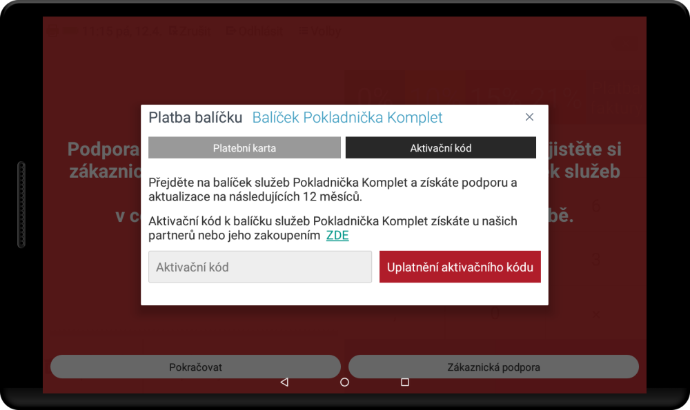 Platba balíčku služeb - aktivační kód