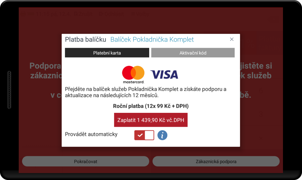 Platba balíčku služeb - platební karta