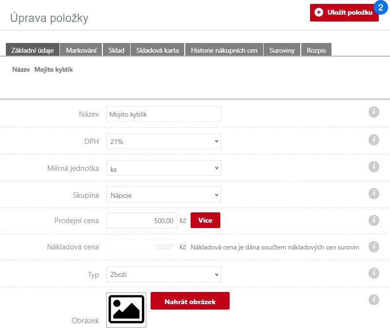 Okno Úprava položky