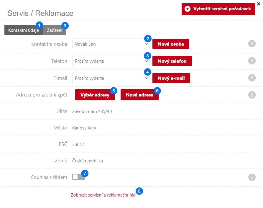 Nový požadavek Servis/Reklamace - Kontaktní údaje