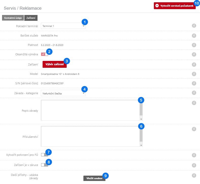 Nový požadavek Servis/Reklamace - Zařízení