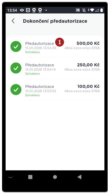 Seznam před-autorizací - krok 1