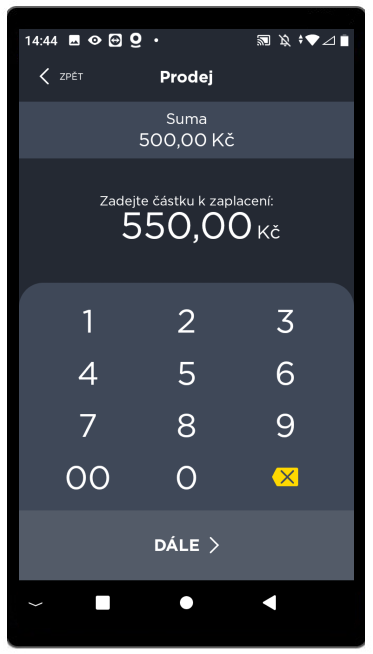 Spropitné - zadání částky včetně spropitného