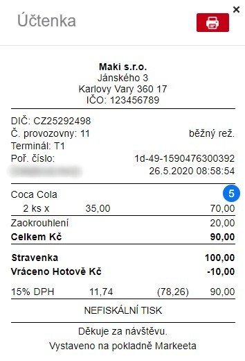 Účtenka - Platba stravenkou