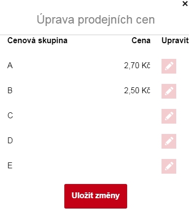 Okno Úprava prodejních cen