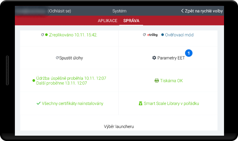 Jak nastavit parametry EET na dotykové pokladně - krok 1