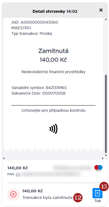 Detail zamítnuté transakce