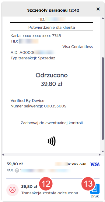 Szczegóły odrzuconej transakcji