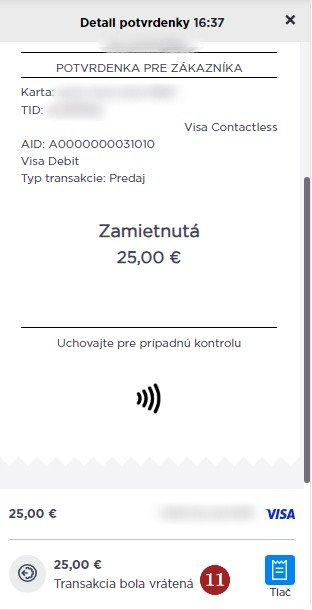 Transakcie zamietnutá - vrátená