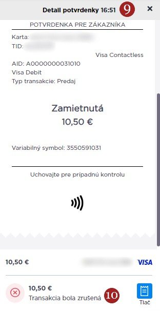 Transakcie zamietnutá - zrušená