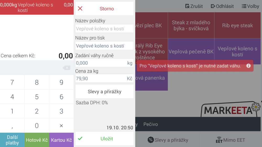 Při nesprávně připojené váze je nutné zadat hmotnost ručně.