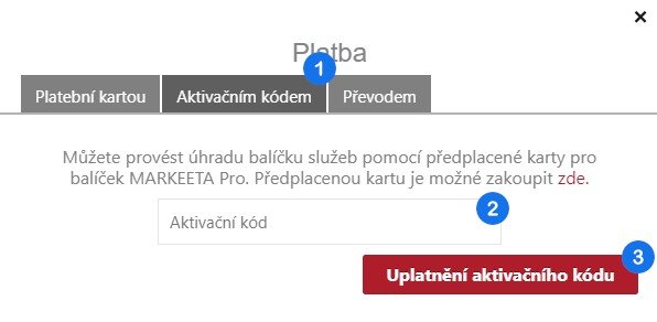 Platba balíčku pomocí aktivačního kódu