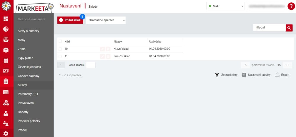 Přidání skladu - krok 1