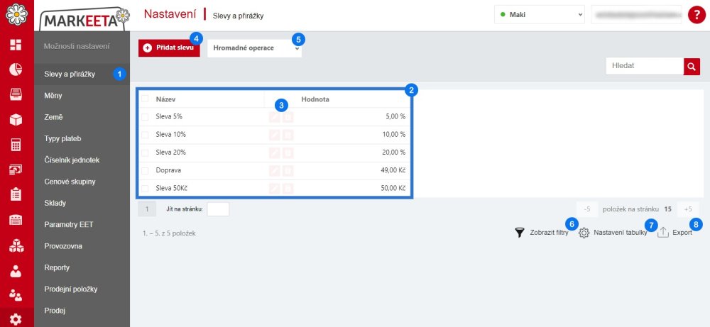 Nastavení slev a přirážek