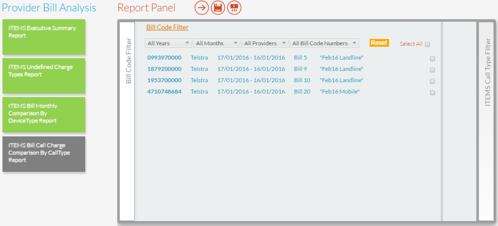 ITEMS Bill Call Charge Comparison by Call Type Report Panel ITEMS Bill Call Charge Comparison by Call Type Report Panel