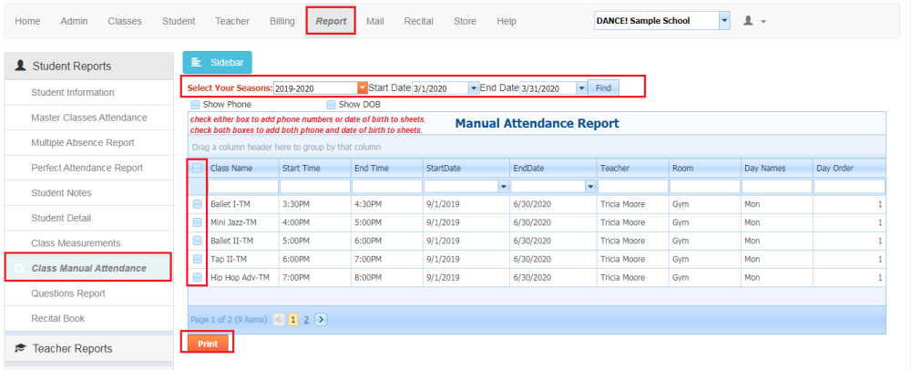 Class Manual Attendance Report - Compudance Online Helpdesk - 1