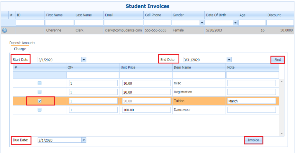 Create Invoice from Student Grid - Compudance Online Helpdesk - 1