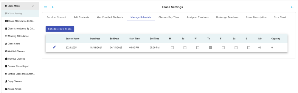 Class Settings: Manage Schedule - Compudance Online Helpdesk - 1