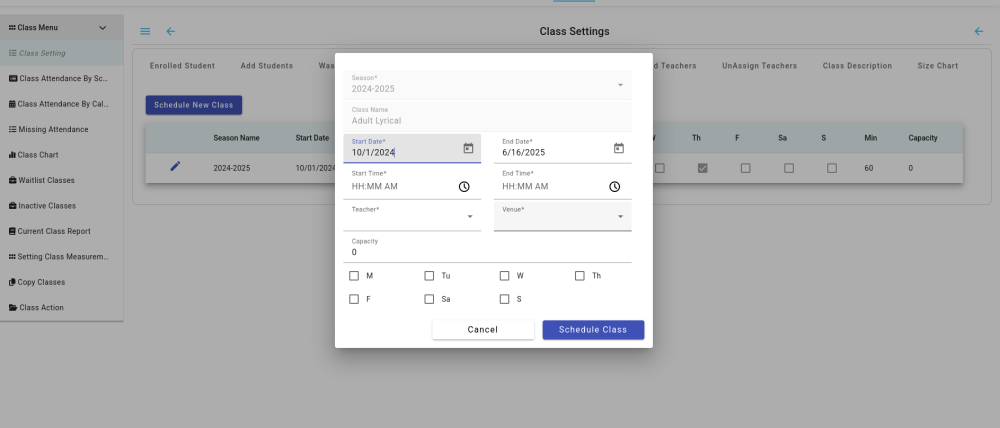 Class Settings: Manage Schedule - Compudance Online Helpdesk - 1