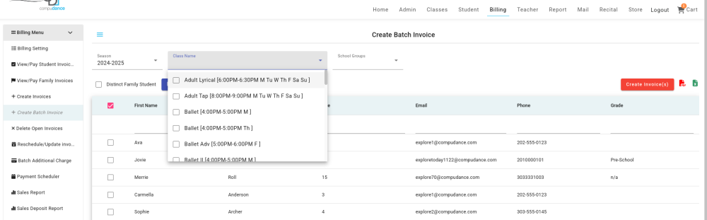 Creat Batch Invoice – Select Multiple Classes - Compudance Online ...