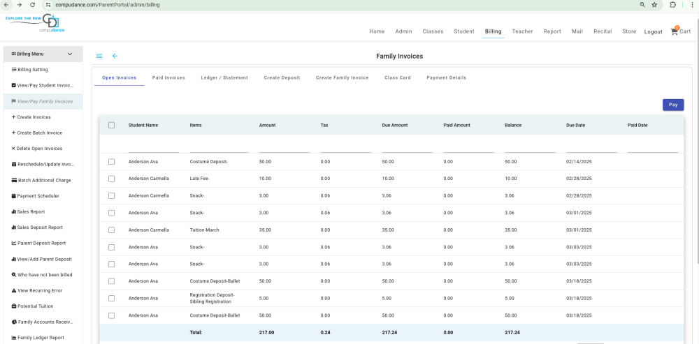 View & Pay Invoice by Family - Compudance Online Helpdesk - 1