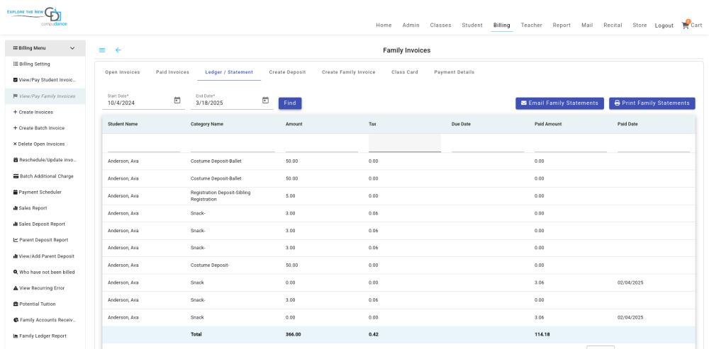 Specific Family Ledger/Statement - Compudance Online Helpdesk - 1