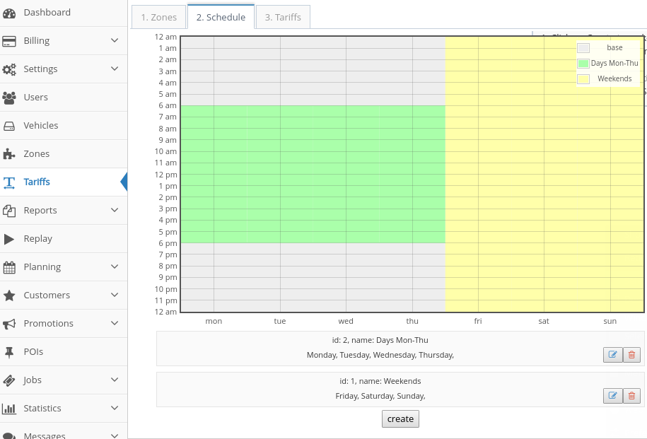 A tariff schedule for Mon-Thu daytime (in green) and Fri-Sun (in yellow)