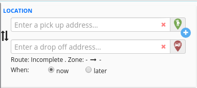 Pick up and Drop off fields. Write an address or drag and drop the green and red markers into the map.