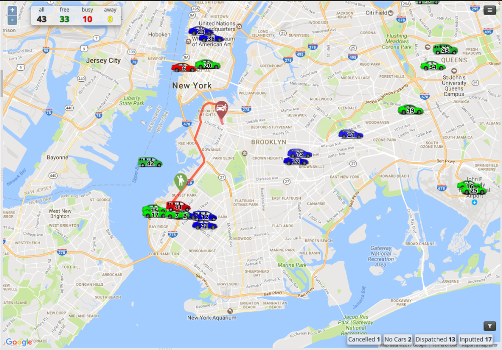 The map showing the position of the active vehicles and the job markers and estimated route (red line) for a new job. The map showing the position of the active vehicles and the job markers and estimated route (red line) for a new job.