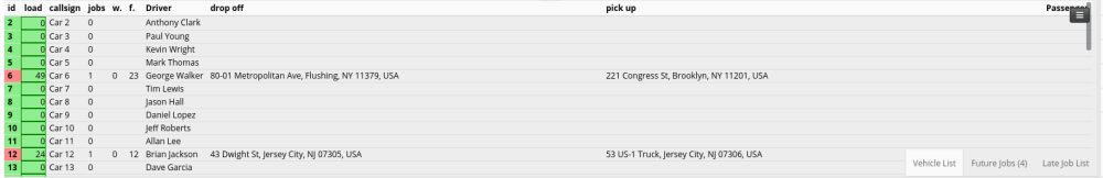 The vehicle list at the bottom of the dispatch screen.