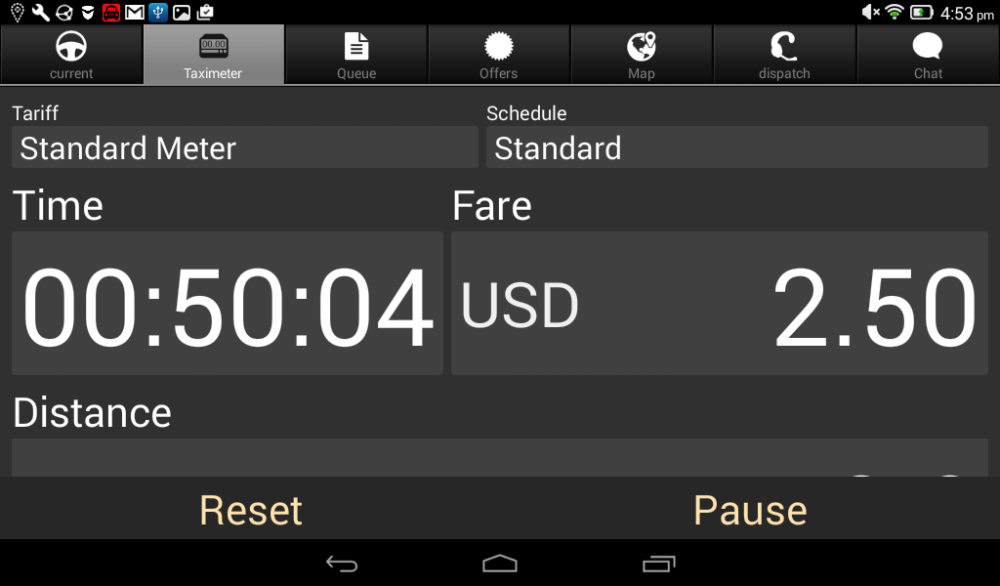 The Taximeter tab showing the in-app taximeter